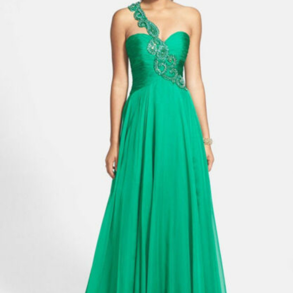 Sherri Hill One Shoulder Embellished Chiffon Gown..